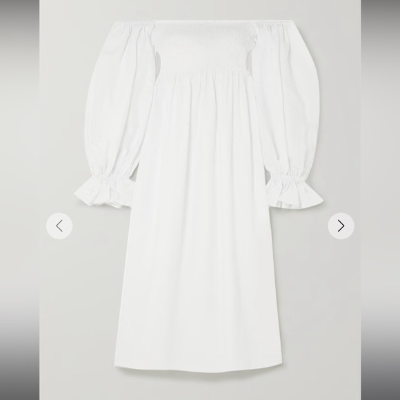 Sleeper NET SUSTAIN Atlanta off-the-shoulder shirred linen midi dress - Picture 2 of 6